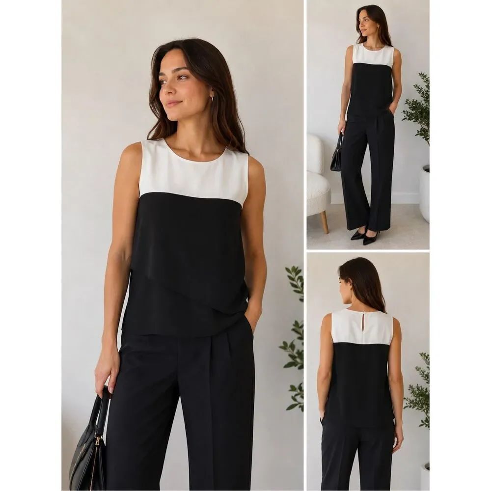 Zara Basic Black & White Colorblock Sleeveless Layered Blouse Top Size M